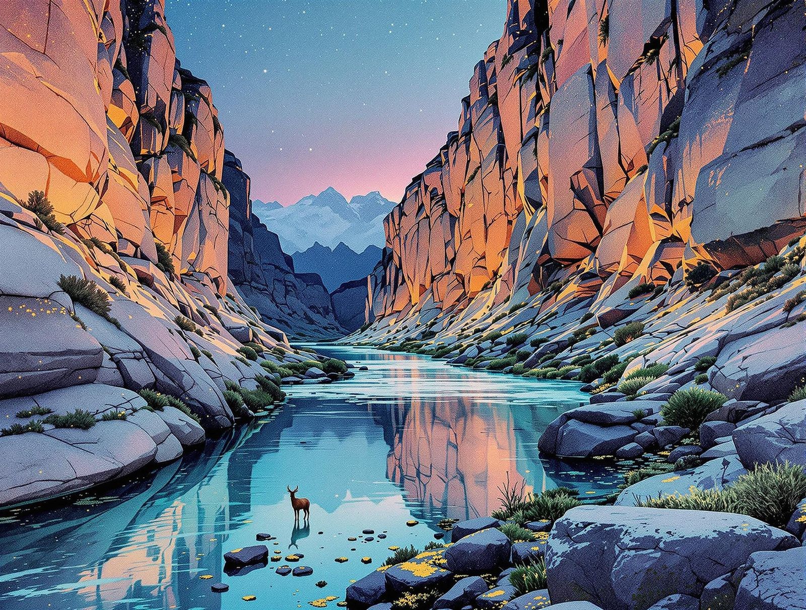 Patagonian Canyon at Twilight in Dreamy Watercolor Style