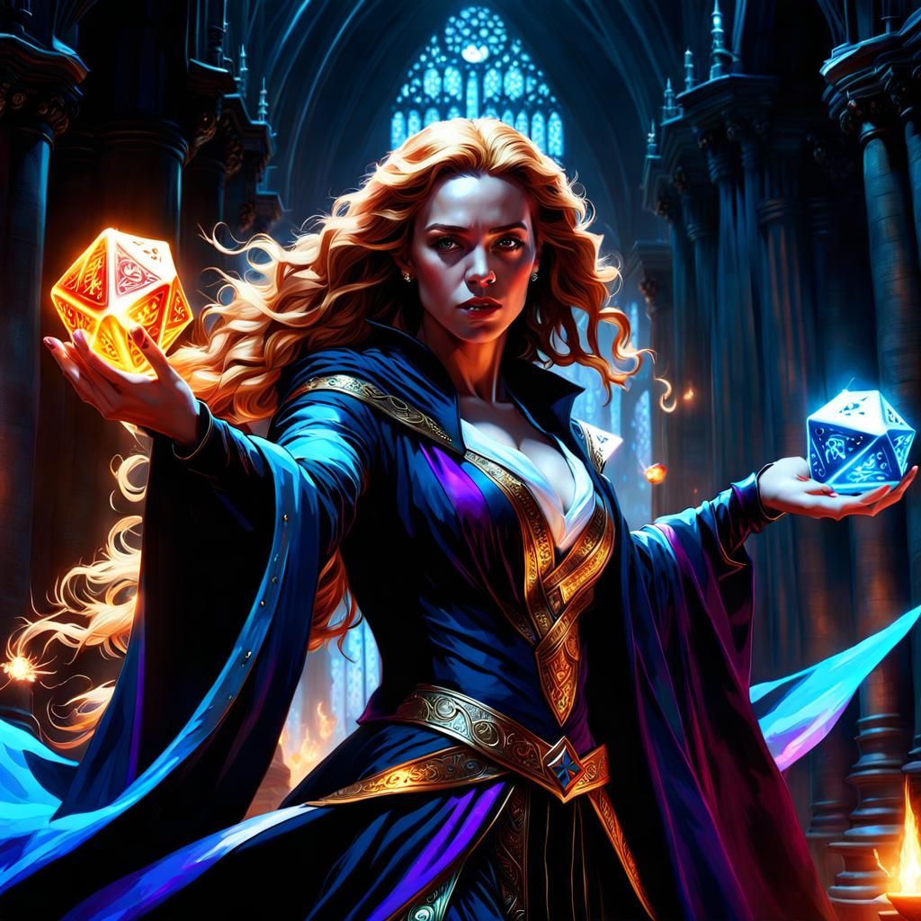 Enchanting Sorceress with Magic Die, Detailed Digital Art