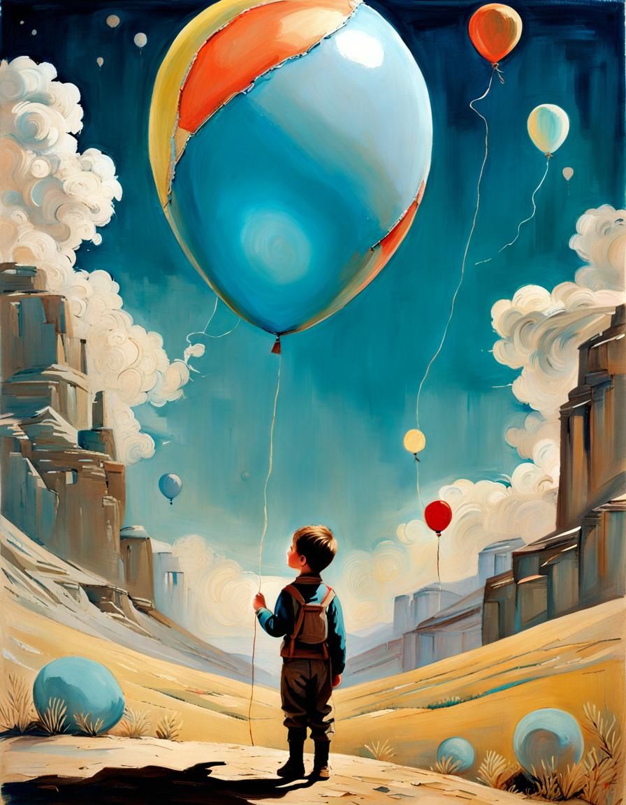 boy holding a balloon::kind eyes, long neck ::small_gems, fibers, blueprints, dimensional_layers, subtle_layer_shadows::...