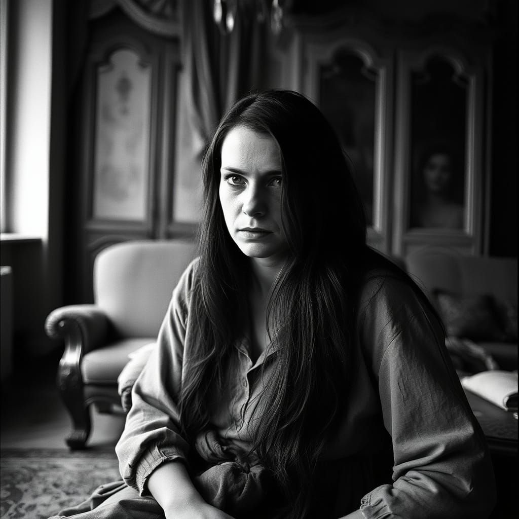 Moody Woman Lost in Her Thoughts Amidst Faded Grandeur