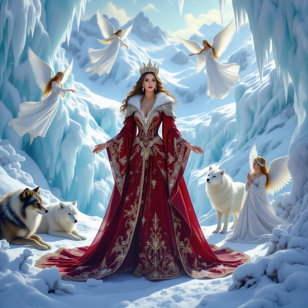 Queen in Golden Crimson Robe Amidst Winter Fantasy
