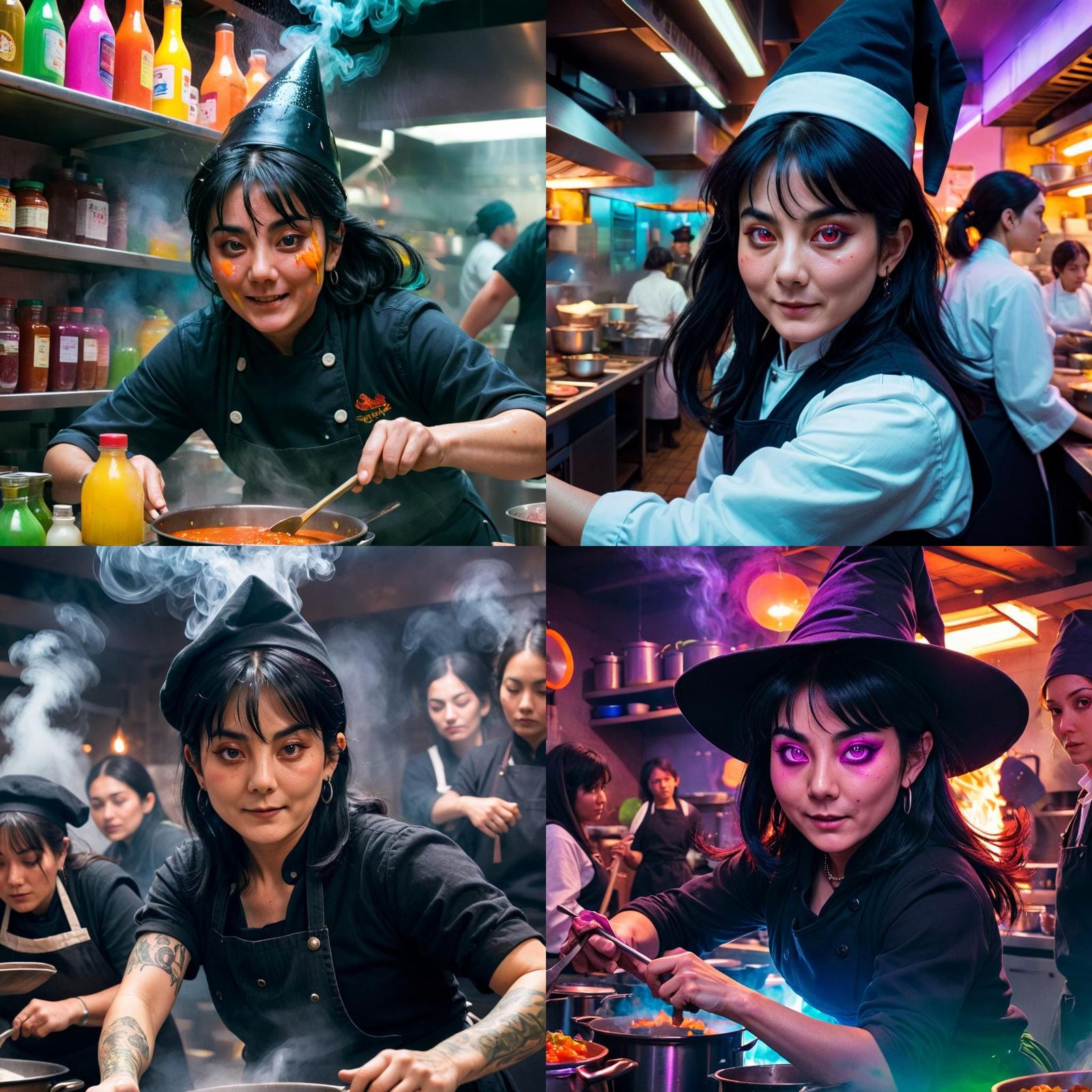 Witch Chef Portrait in Neon Lit Kitchen