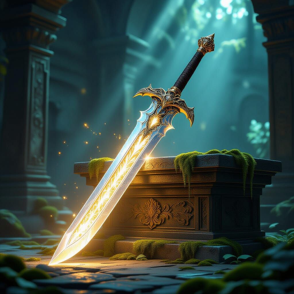 Ornate Sword of Divine Light on Ancient Altar
