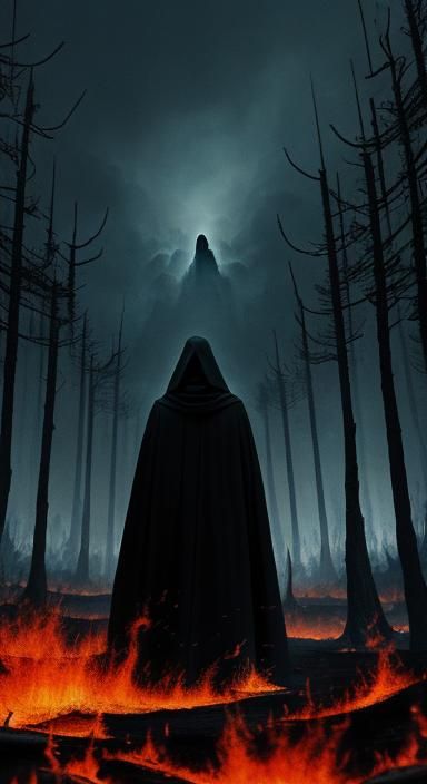 Ethereal Figure Amidst Fire in Surreal Darkness