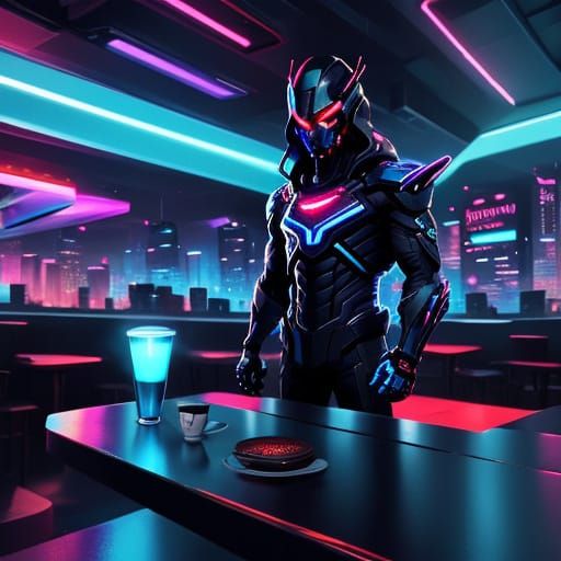 Neon Noir Cyber Coffee in Futuristic Cityscape