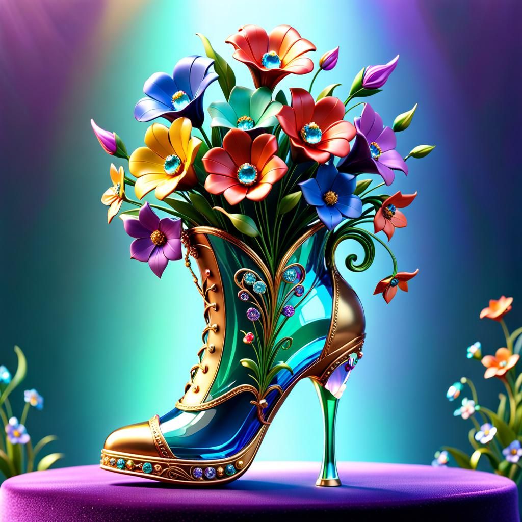 Colorful Metal Flowers in Crystal Boot, 3D Render