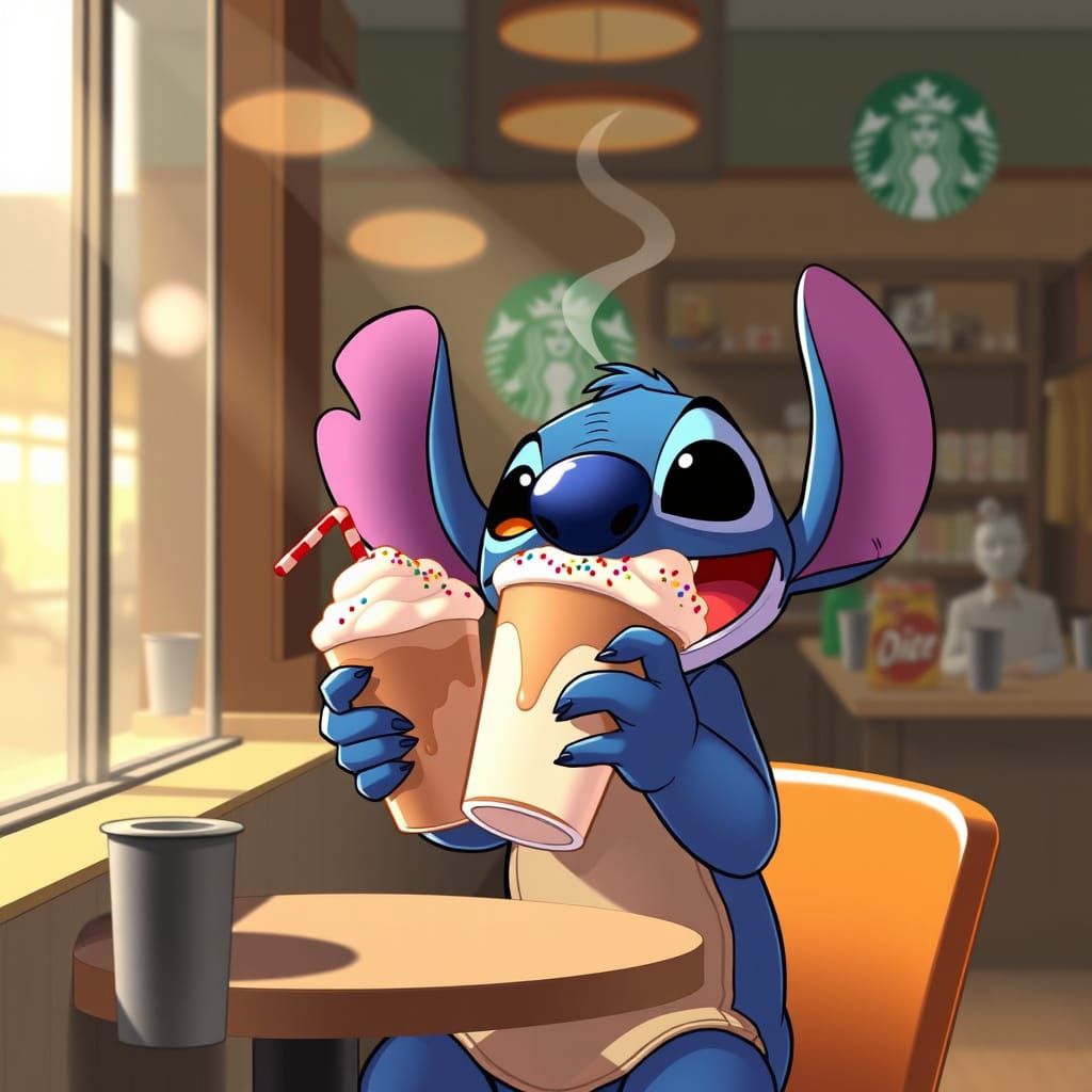 Stitch Enjoys a Frappuccino at Starbucks