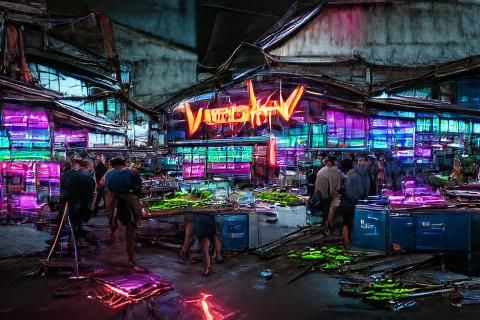 Cyberpunk Neon Bangkok Market in VRay Style