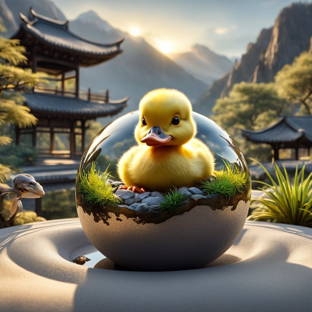 Cute Baby Duckling in Zen Garden at Sunrise