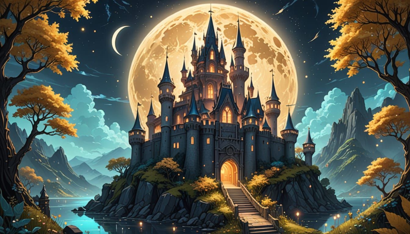 Golden Moonlit Fairy Kingdom: Fantasy Illustration
