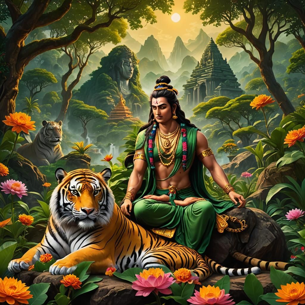 Mahadev Meditating in a Lush Landscape