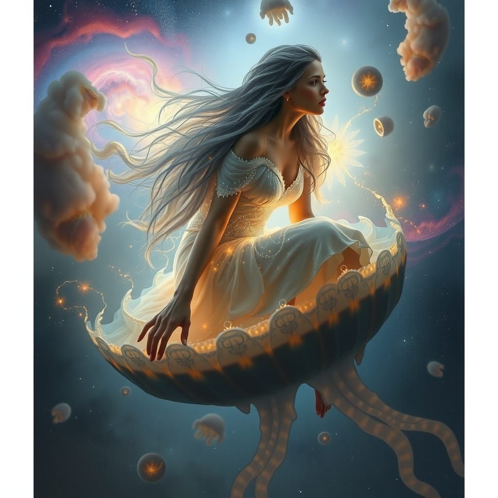 Starlight Woman on Bioluminescent Jellyfish in Space