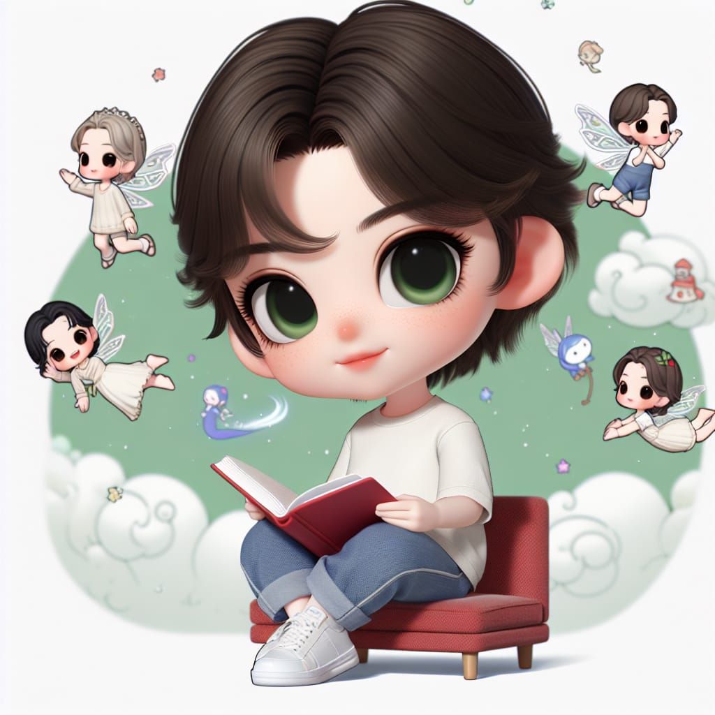 Chibi Woman Reading with Fairytale Characters in 3D