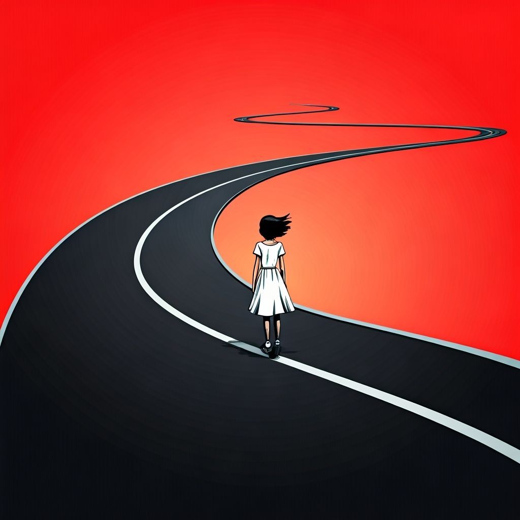 Girl in White Dress on Winding Scarlet Road