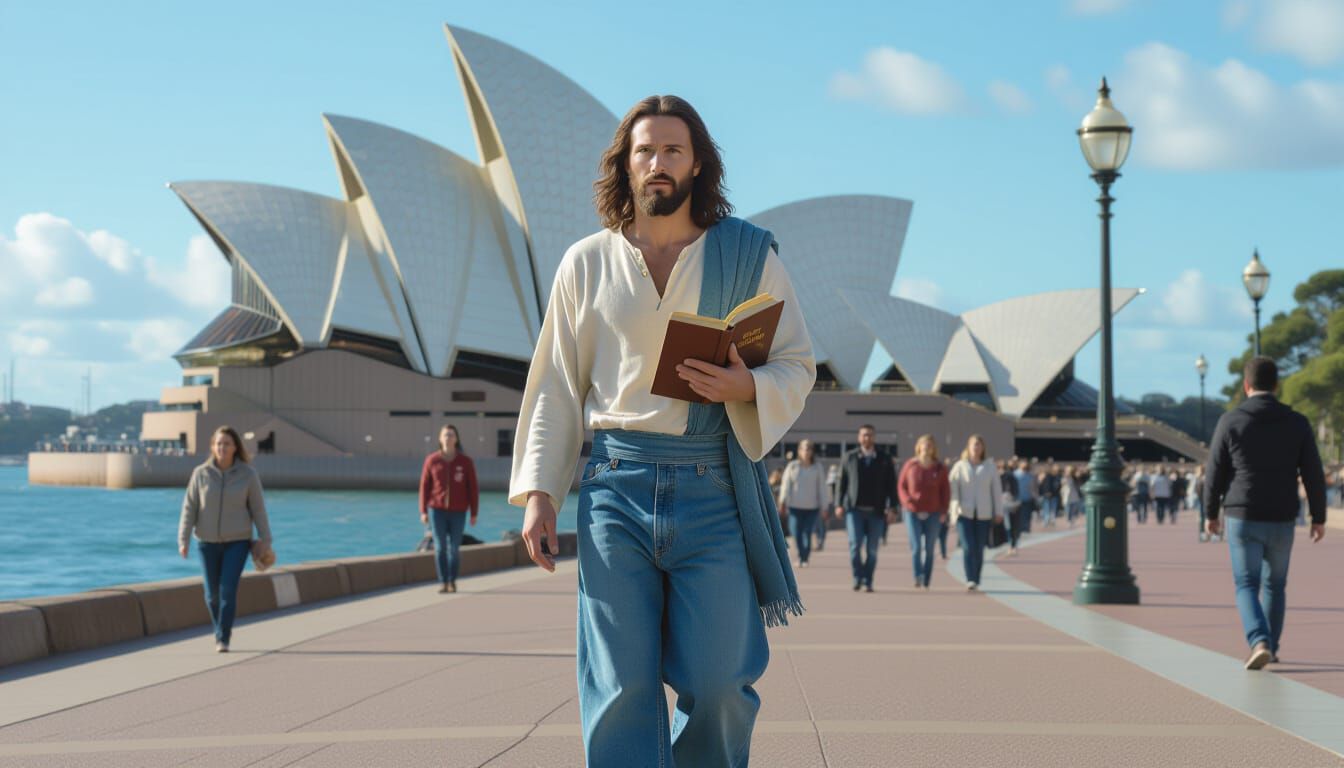 Jesus in Jeans near Sydney Opera House: Cinematic