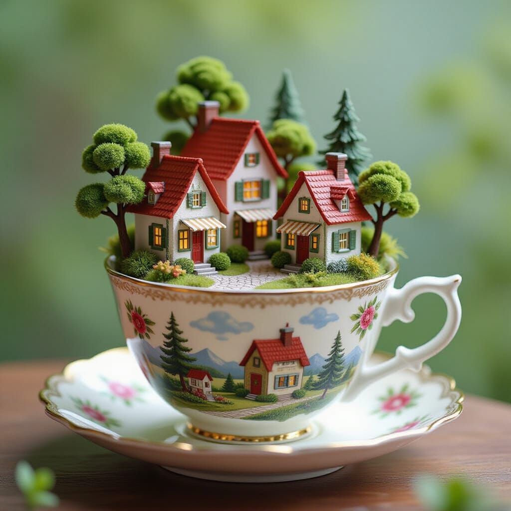 Miniature Village Inside an Antique Cup