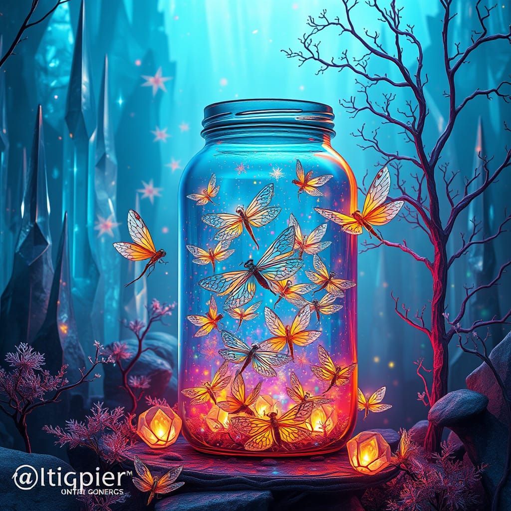 Luminous Jar Filled with Glowing Dragonflies in a Crystal Re...