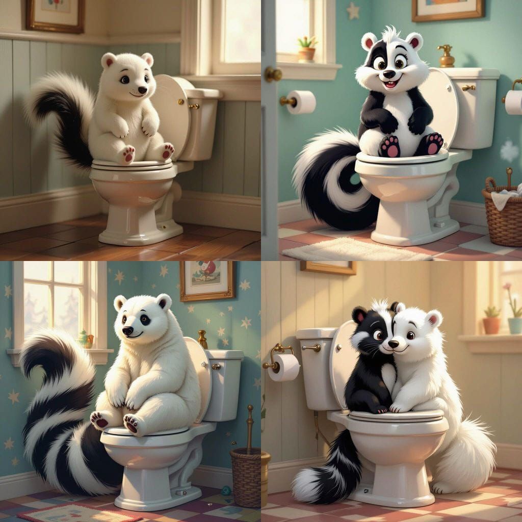 Skunk-Polar Bear Hybrid Creature Sits on Toilet