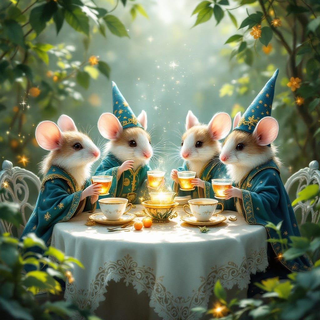 Whimsical Gathering of Tiny Wizards and Mice