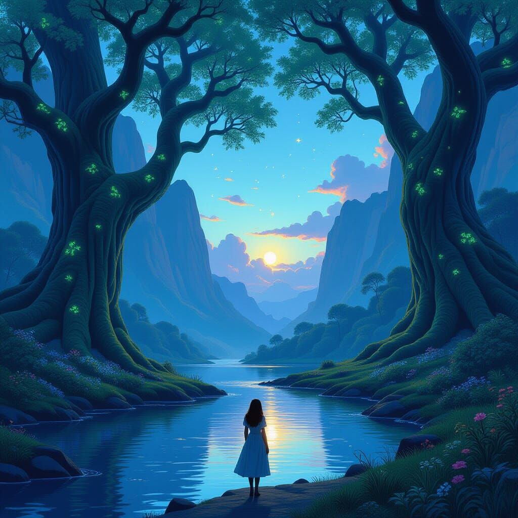 Hidden Valley at Twilight with Bioluminescent Flora