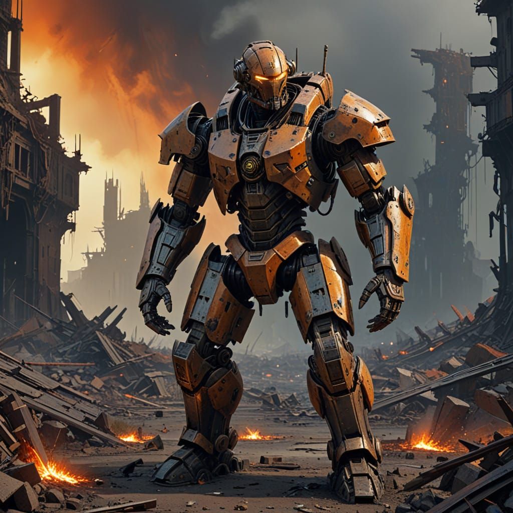 Warforged Robot Stands Resolute Amidst Battle-Scarred Wastel...