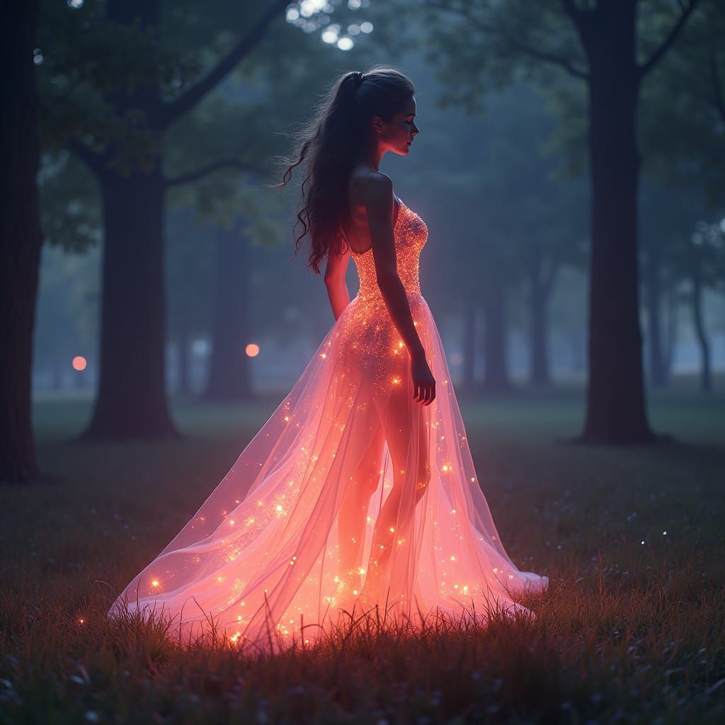 A beautiful woman with a Glowing Dress at Night in a park