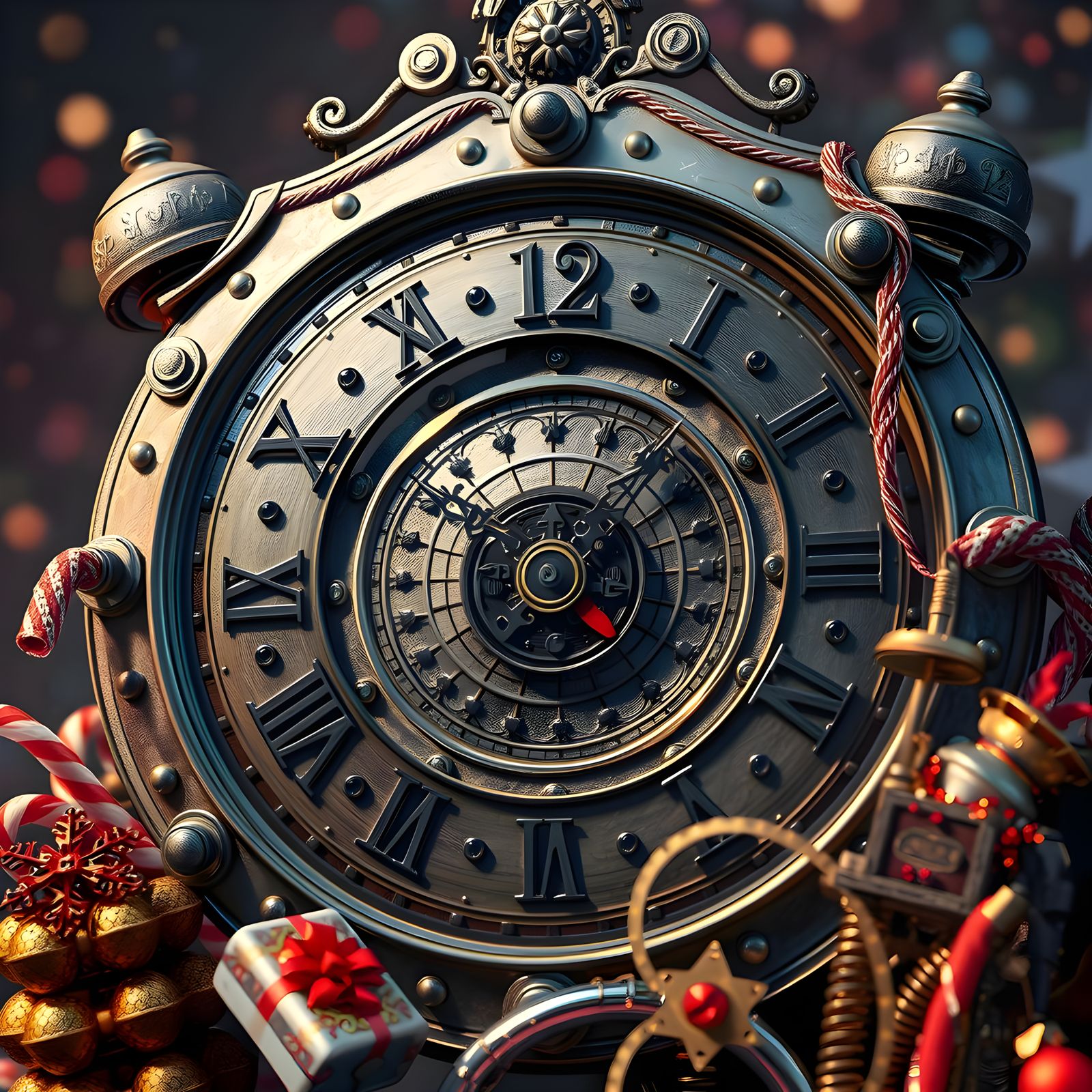 Intricate Metal Clockwork Gears at Twelve O'Clock