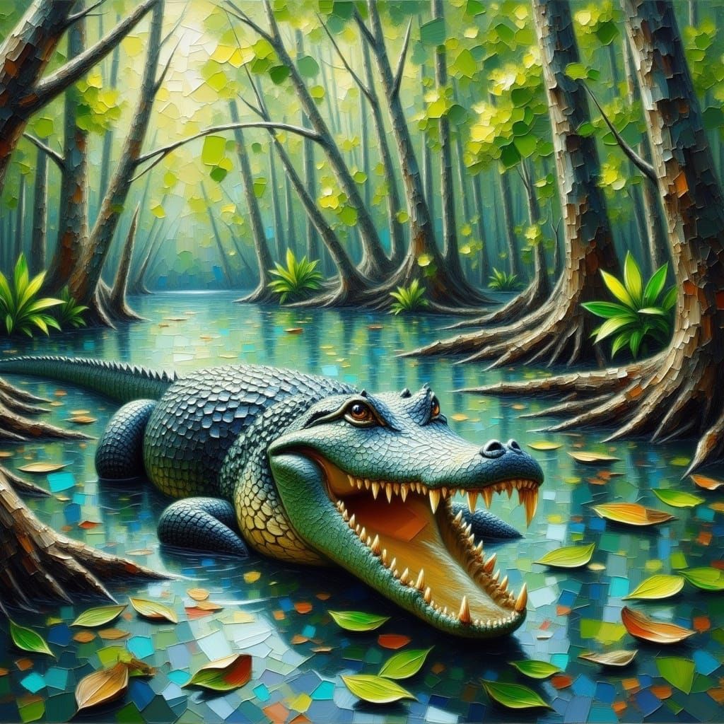 Impasto Florida Swamp Scene with a Majestic Alligator