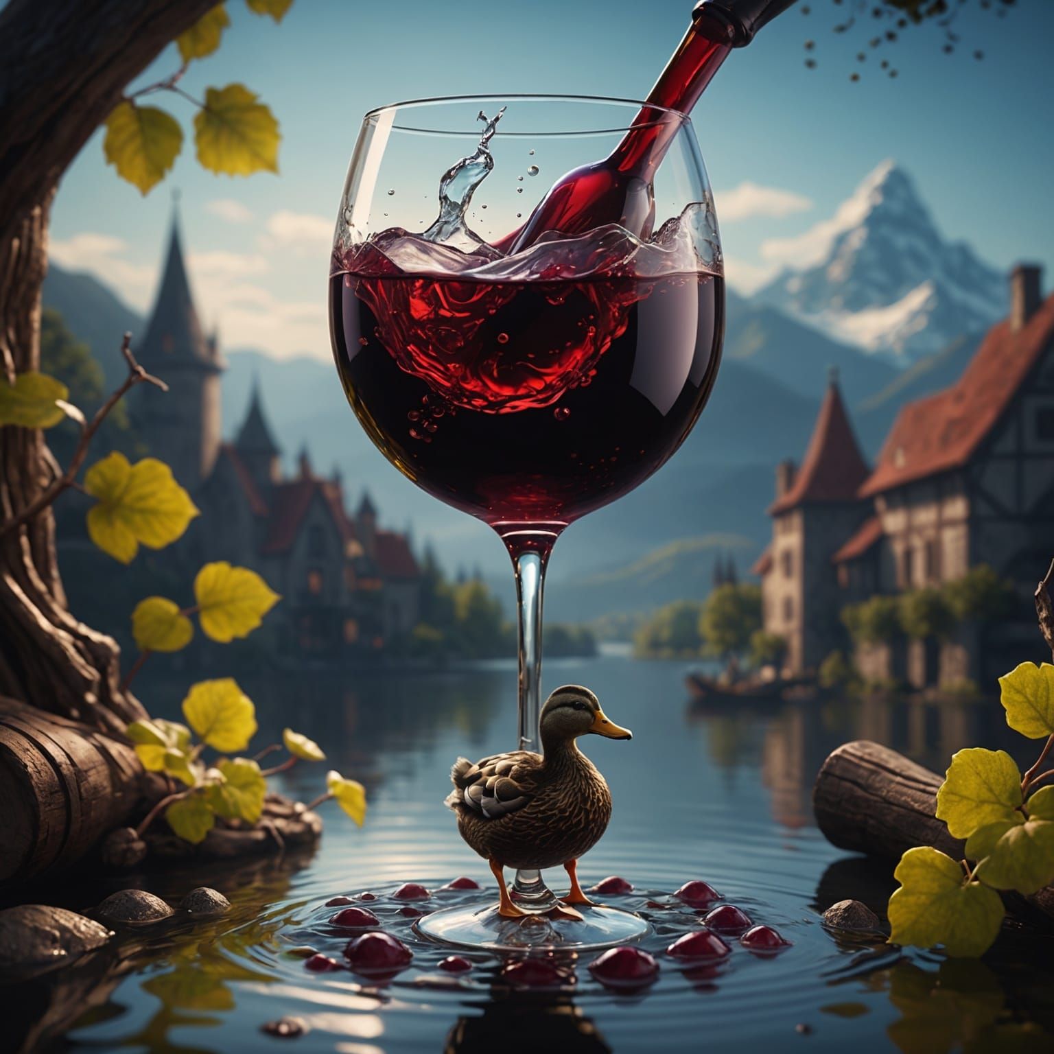 Wine Glass with Duck, Detailed Matte Painting