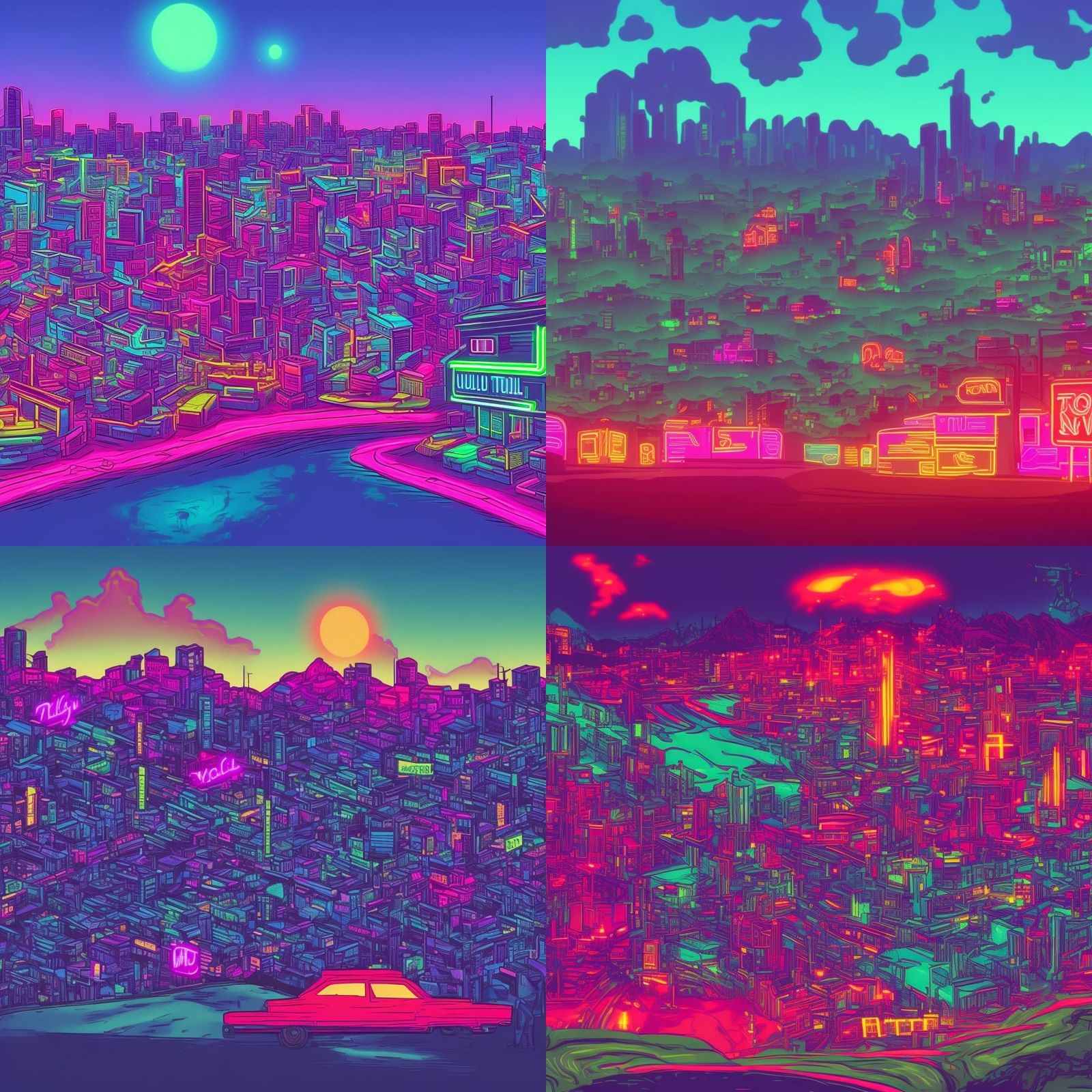 Synthwave Neon Town at the Bottom of a Hill