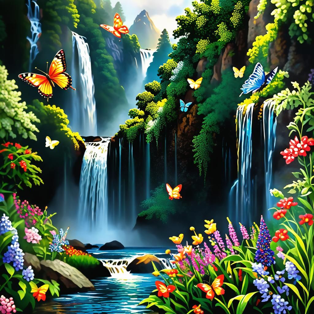 Pointillist Landscape with Birds and Waterfall
