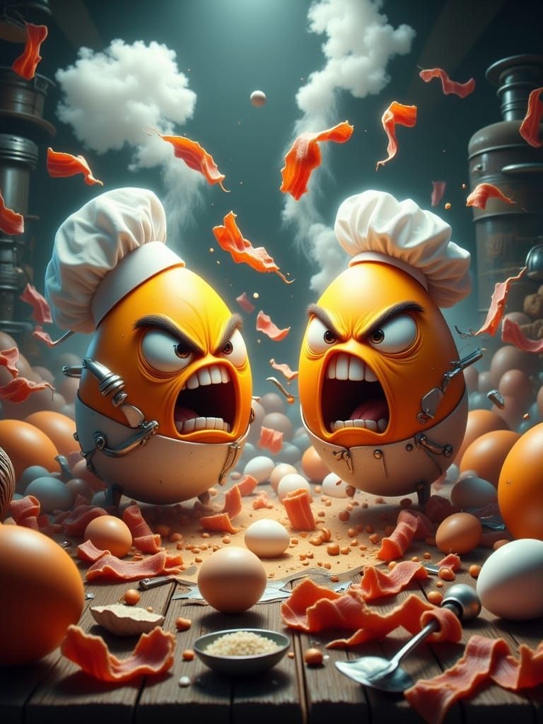 Enraged Eggs Food Fight in Hyperreal Style
