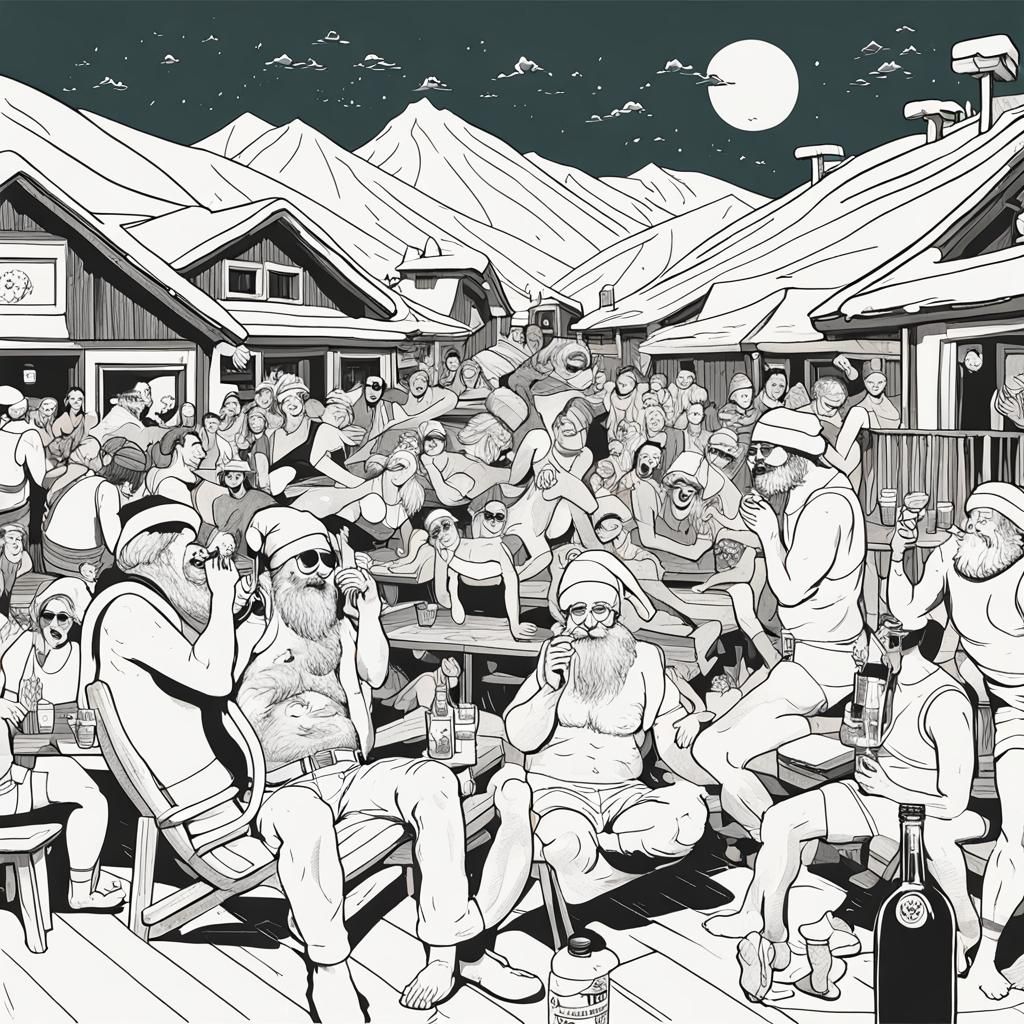 Drunk Santa Après-Ski Party: Line Art for Coloring