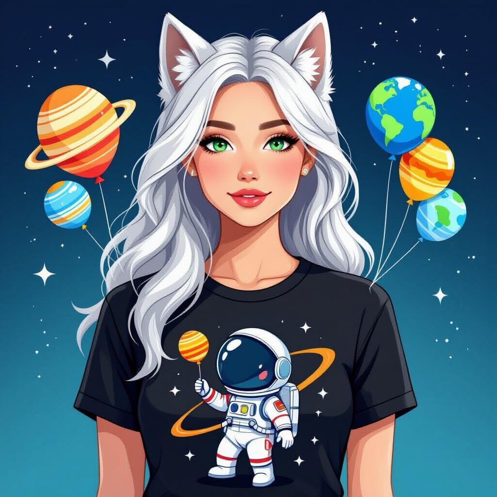 Woman with Wolf Ears and Astronaut T-Shirt