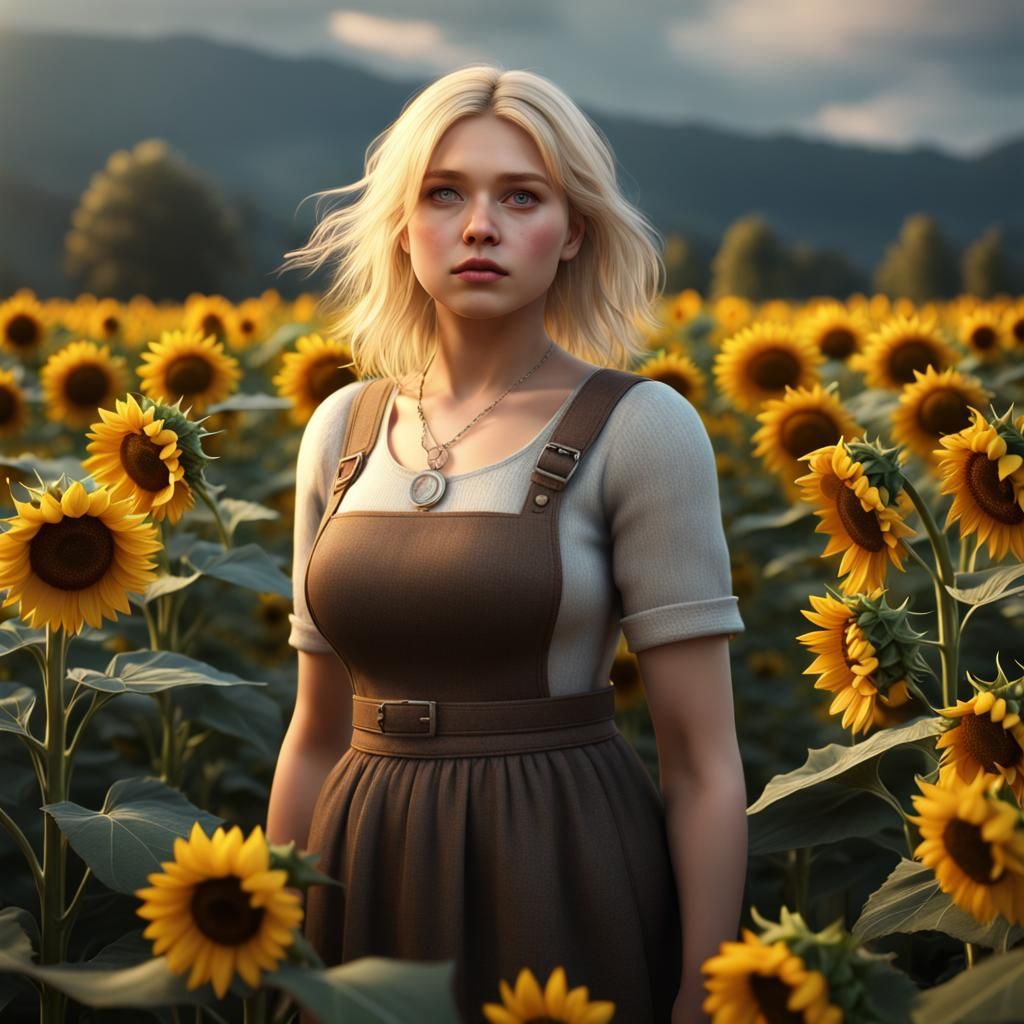 Chubby Blonde Girl in Sunflower Field: Hyper-Realistic 3D Ar...