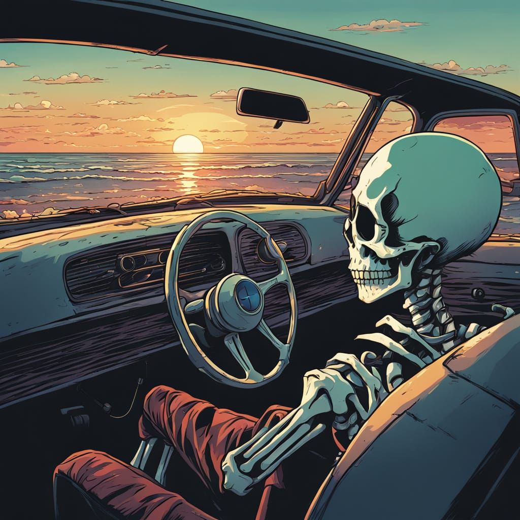 Skeleton Driver at Sunset in Anime Style