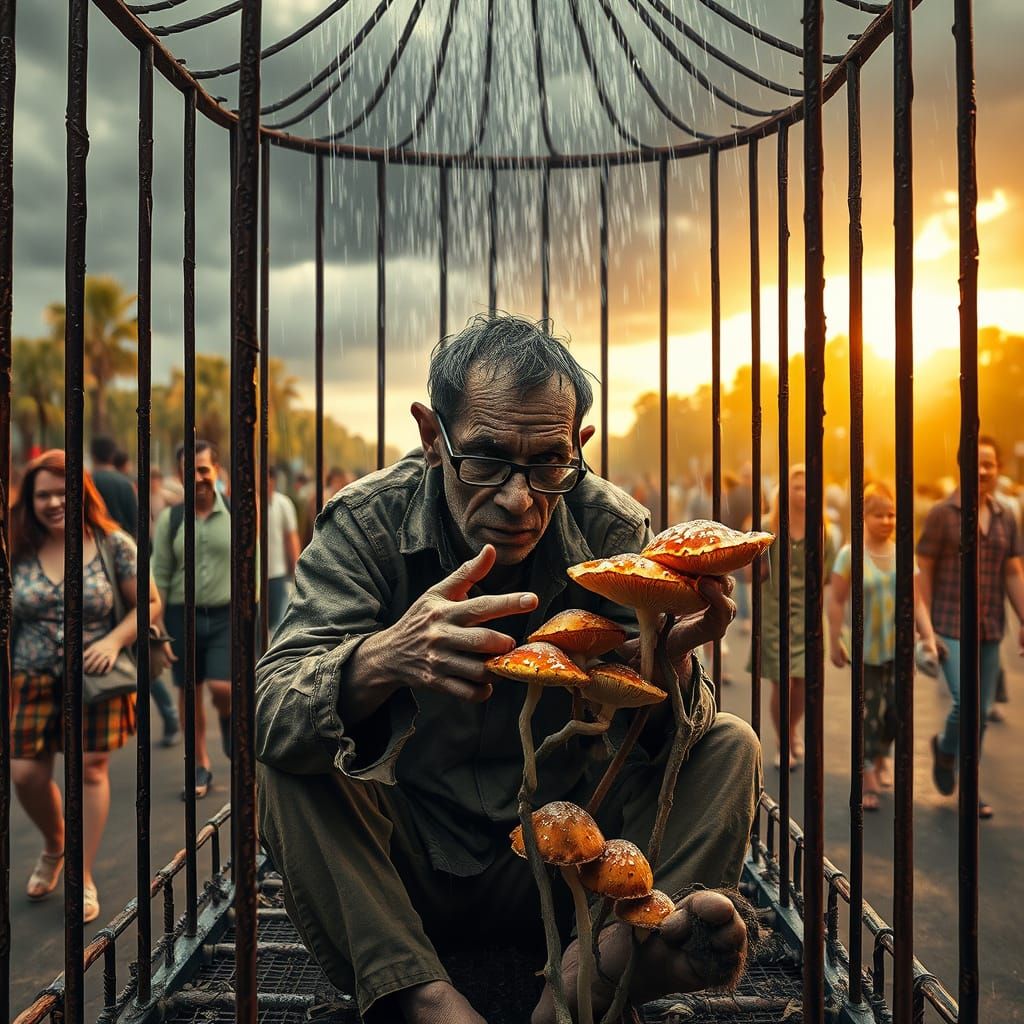 Anxious Man Trapped in Cage, Longing for Escape in Vibrant W...