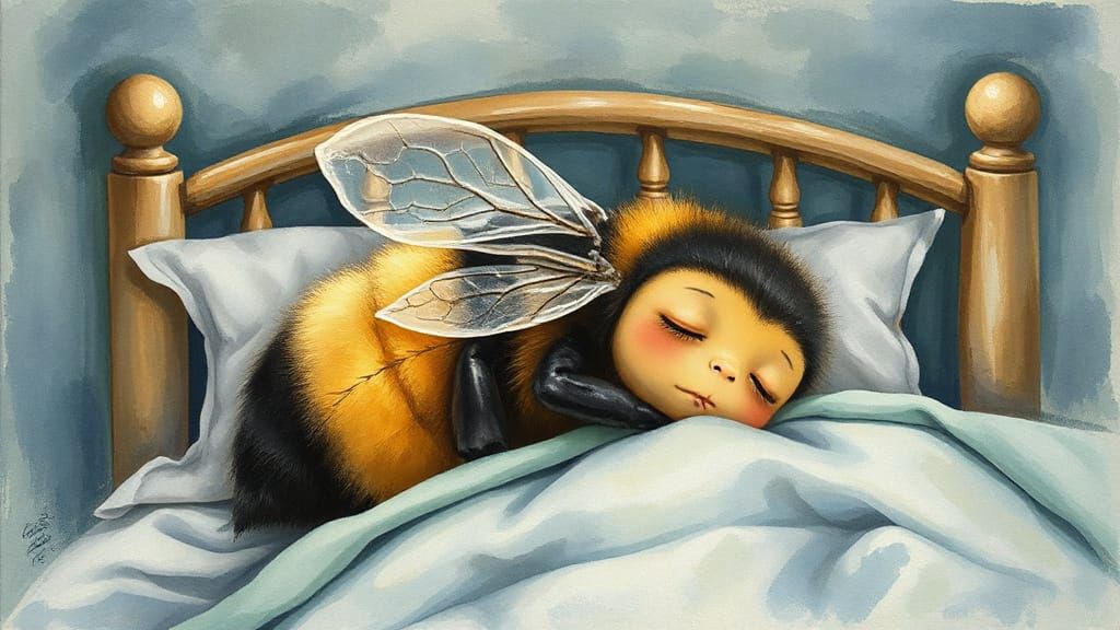 Sleepy Bee in Cosy Cottage Bedroom, Gouache Watercolor