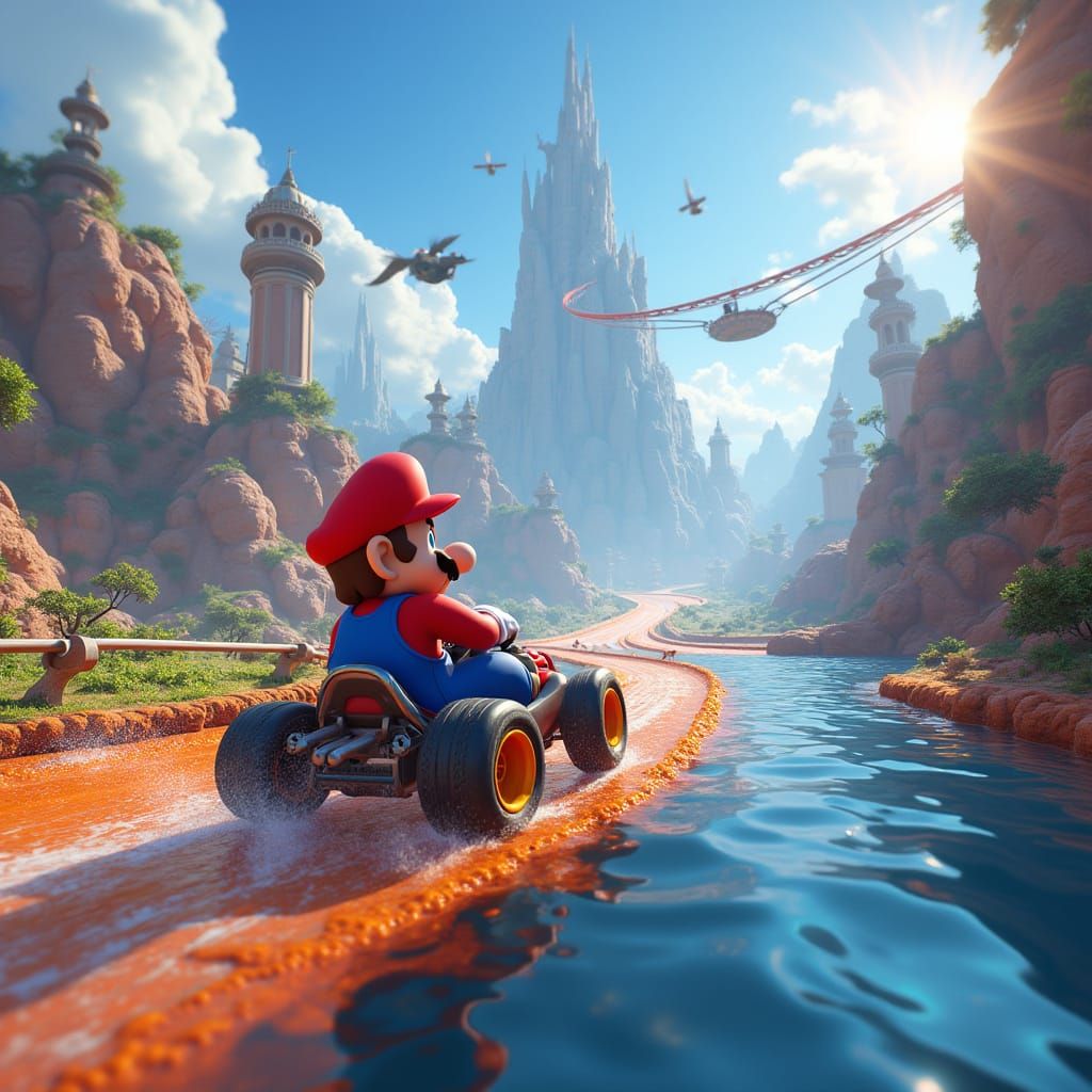 Dynamic Mario Kart Scene in Fantasy Concept Art Style