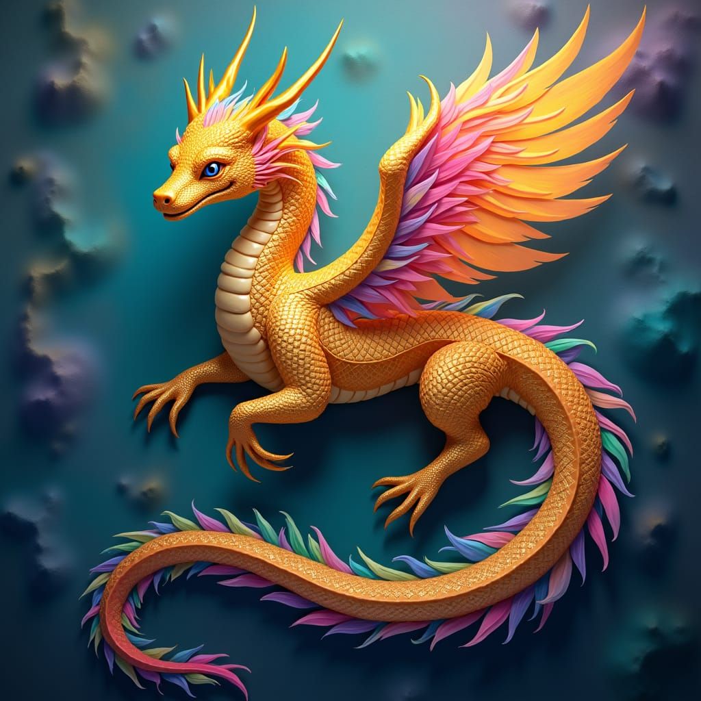 Golden Flying Serpent with Rainbow Wings