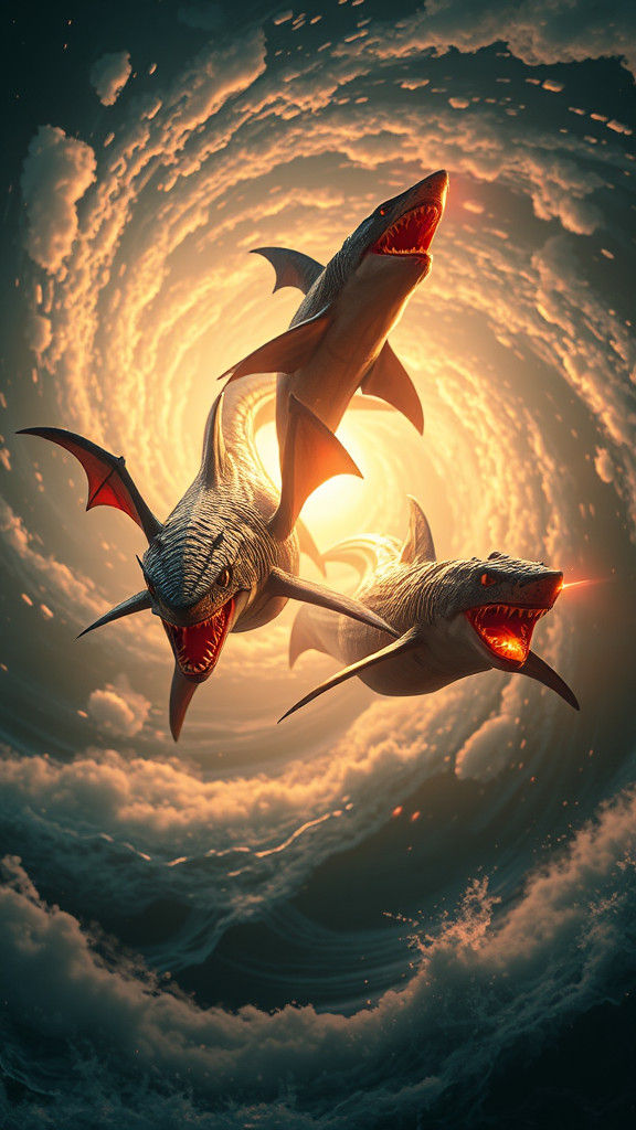 Iridescent Shark Dragons in Turbulent Seas