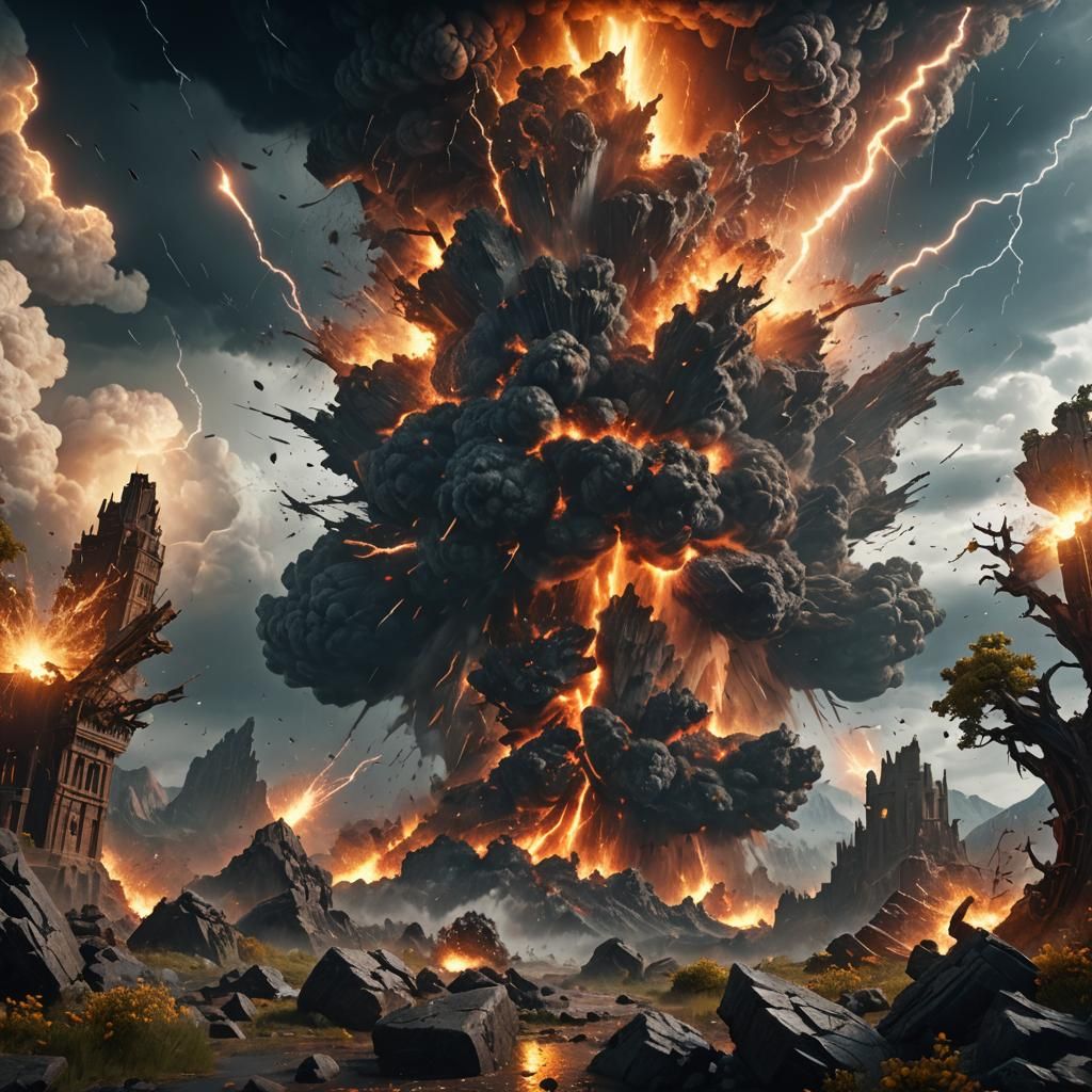 Surreal Fantasy World Enveloped by Epic Firestorm in Deep Co...