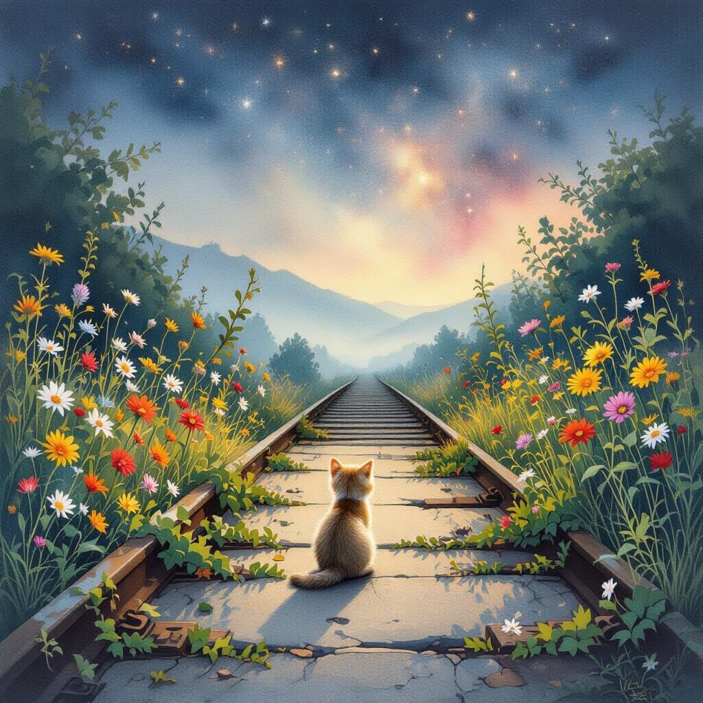 Kitten Among Overgrown Wildflowers on Abandoned Platform