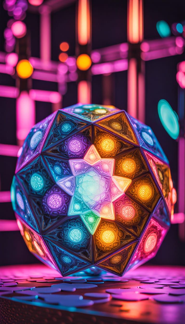Transparent Fractal Sphere Encapsulating Cube in Neon Colors