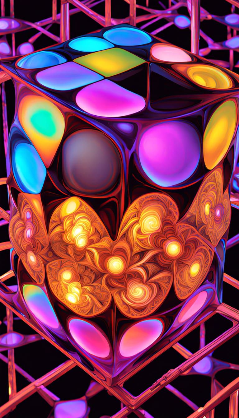 Neon Fractal Sphere and Cube in Op-Art Style