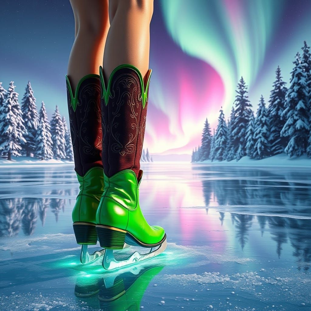 Vibrant Green Cowboy Boots on a Winter Wonderland Ice Rink