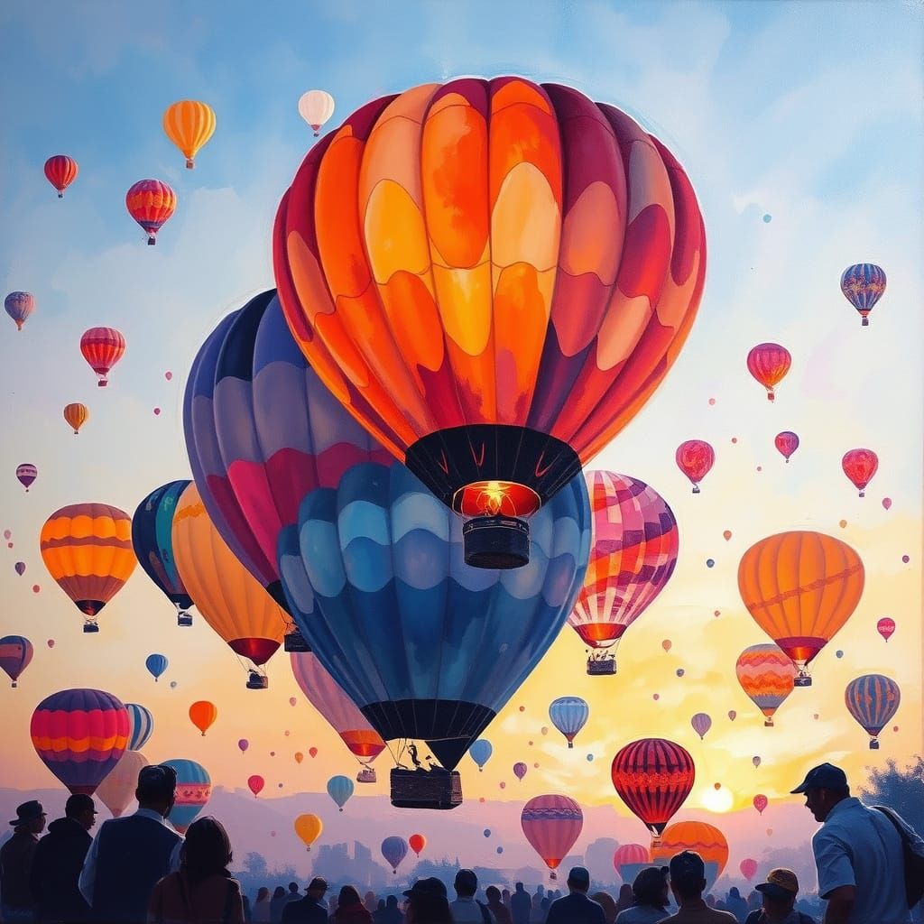 Colorful Hot Air Balloons at Twilight as Gouache Painting
