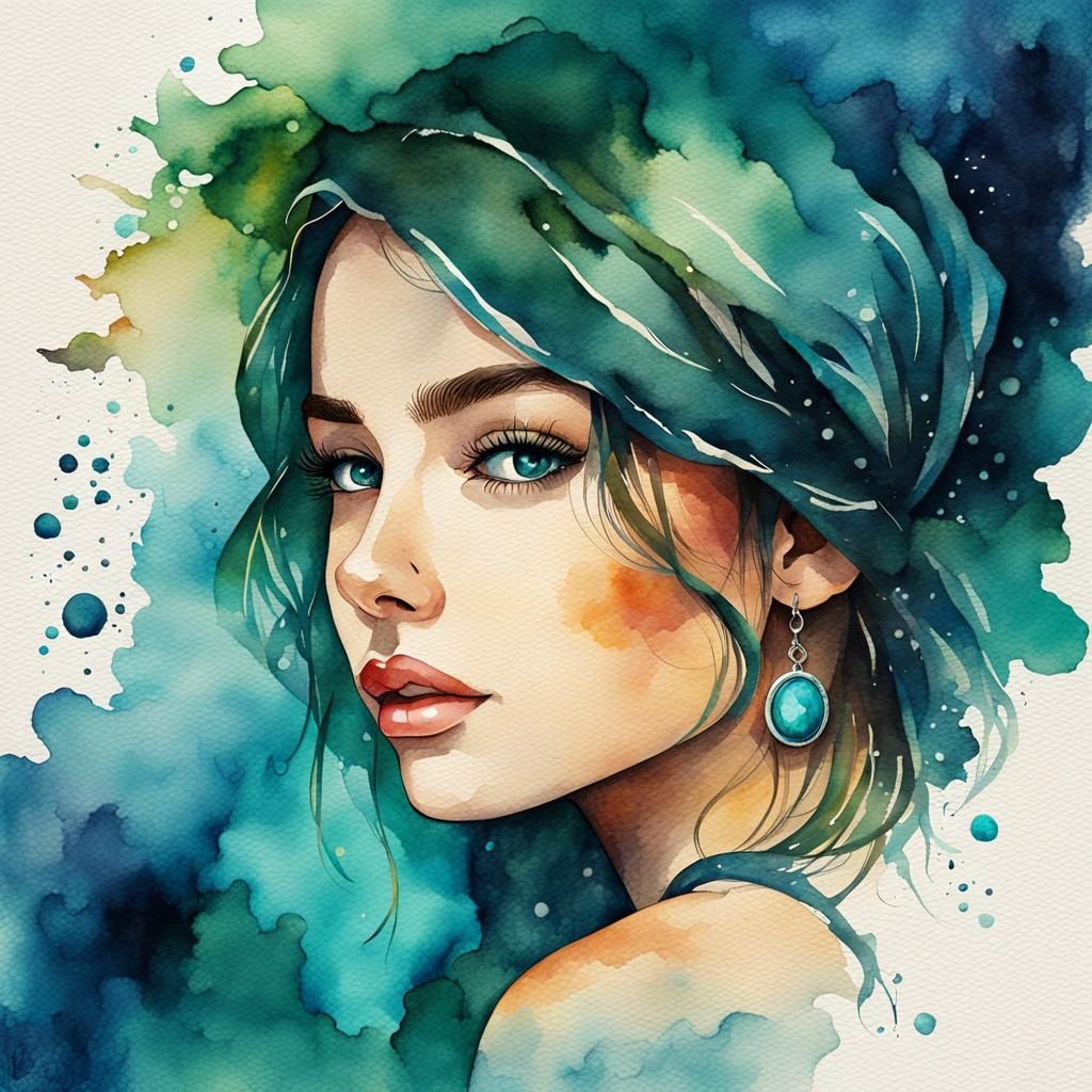 Watercolor Portrait with Cosmic Astral Background