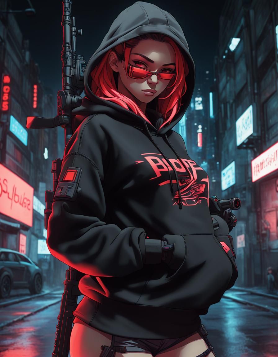 Anime Cyberpunk Sniper in Urban Neon Setting