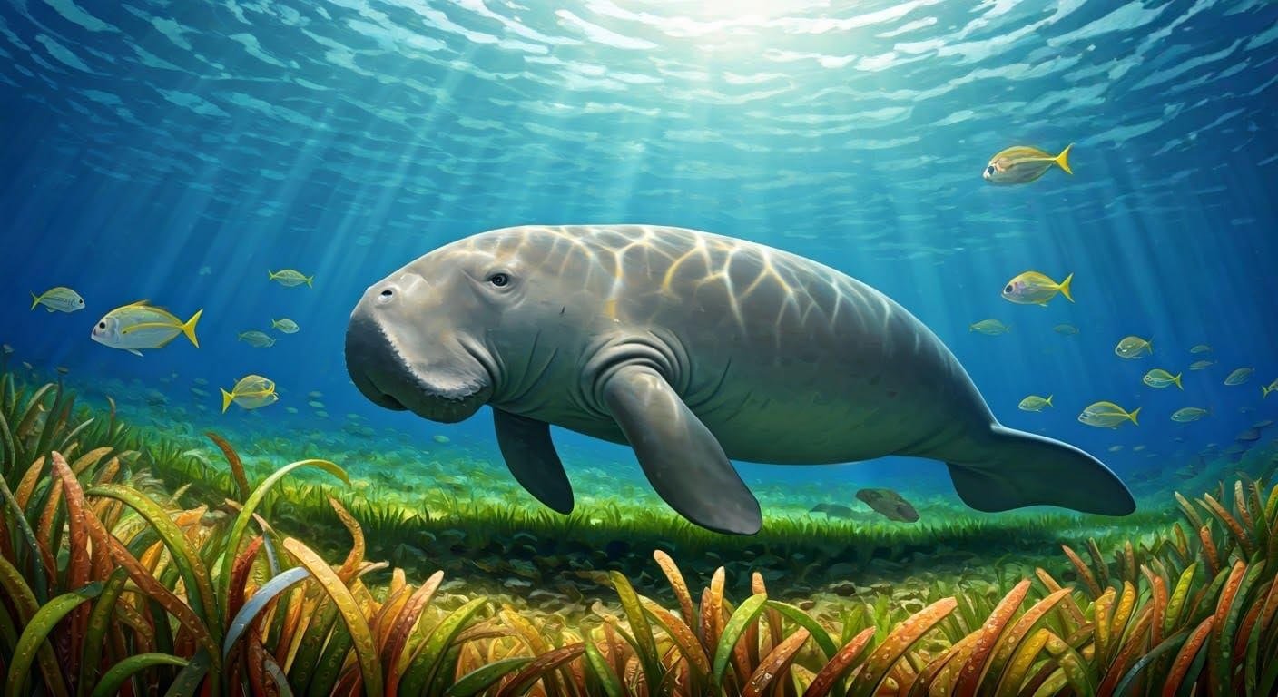 Realistic Underwater Scene with Dugong and Seagrass in a Sci...
